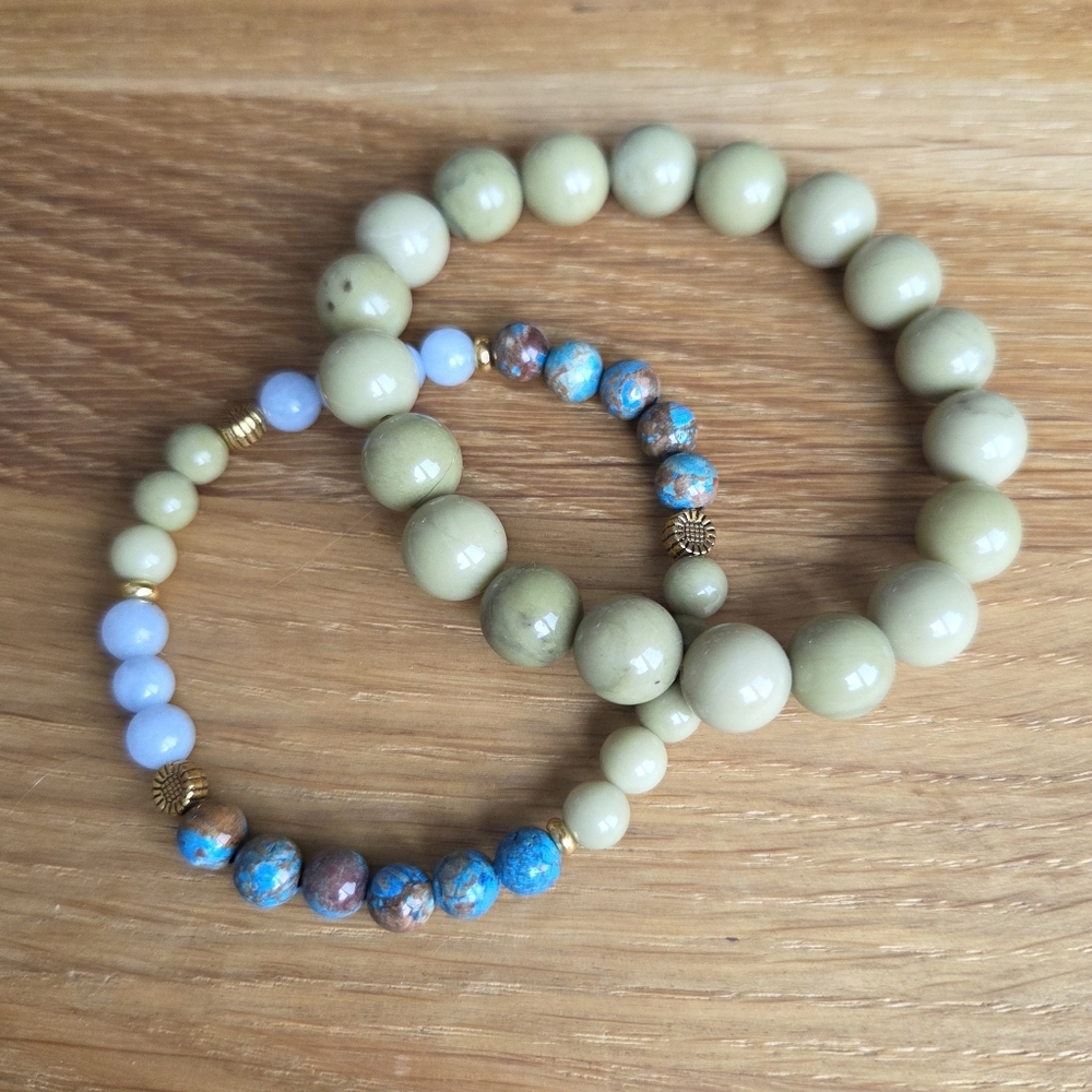 Green Matcha Jasper & Blue Angelite Beads Stretch Bracelet Set, Handcrafted - Picture 9 of 13